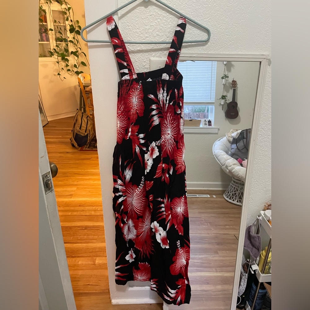 Black midi dress with red flower design
